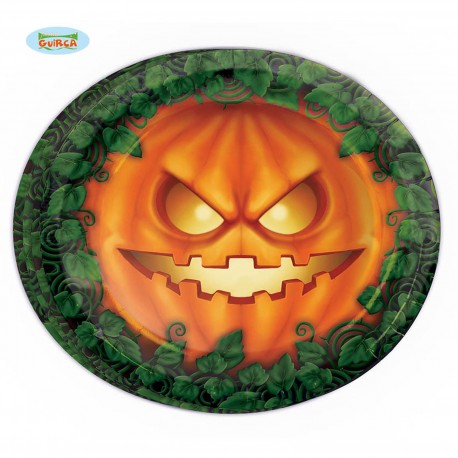 CONFEZIONE 8 PIATTI DI CARTA GRANDI 23CM.DECORATI CON STAMPA ZUCCA HALLOWEEN PER FESTE E PARTY A TEMA