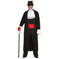 COSTUME HALLOWEEN CONTE DRACULA ADULTO TAGLIA UN.MANTELLO LUNGO CINTURA ROSSA E COLLO DI PIZZO BIANCO COME MANICHE