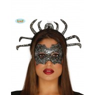 SET MASCHERA+CERCHIETTO IN TESSUTO PER TRAVESTIMENTO DONNA RAGNO NERO/ARGENTO HALLOWEEN/CARNEVALE