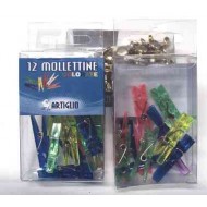 BLISTER TRASPARENTE 12 MOLLETTINE COLORATE IN PLASTICA COLORI ASSORTITI FLUO 33MM.CON MOLLA IN METALLO