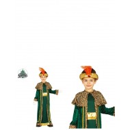 COSTUME RE MAGIO BAMBINO 7/9 ANNI VESTITO DI NATALE/CARNEVALE COMPLETO DI TUNICA VERDE ORO CON MANTELLO BORD.LEOPARDATO