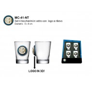 SET 4 BICCHIERINI IN VETRO FC INTERNAZIONALE ORIGINALI 5,5X5X3,5CM.CON LOGO A RILIEVO PRODOTTO UFFICIALE IN BOX REGALO