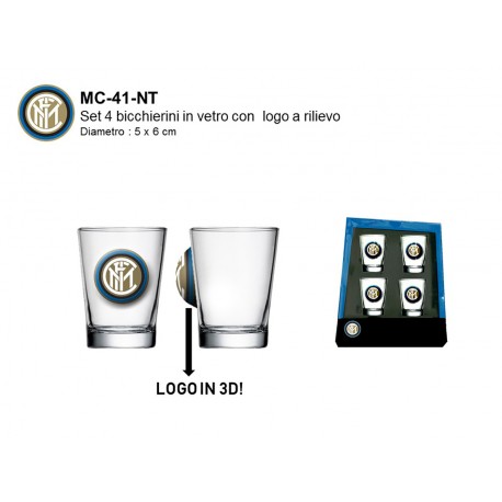 SET 4 BICCHIERINI IN VETRO FC INTERNAZIONALE ORIGINALI 5,5X5X3,5CM.CON LOGO A RILIEVO PRODOTTO UFFICIALE IN BOX REGALO