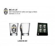 SET 4 BICCHIERINI IN VETRO FC JUVENTUS ORIGINALI 5,5X5X3,5CM.CON LOGO A RILIEVO PRODOTTO UFFICIALE IN BOX REGALO A VISTA