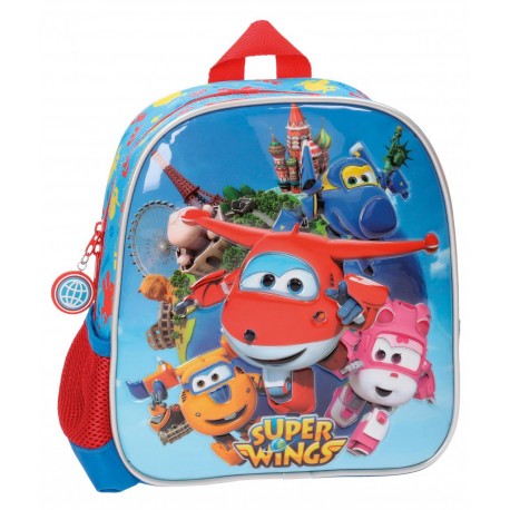 ZAINO ASILO SUPERWINGS ORIGINAL BLU ROSSO E AZZURRO 23X25X10CM.IN TESSUTO E PVC ADATTABILE AL CARRELLINO PORTA ZAINO