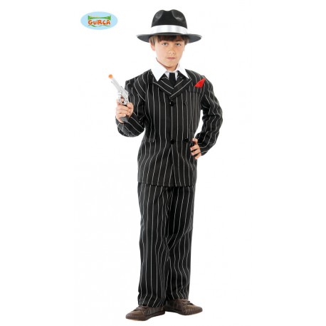 COSTUME CARNEVALE GANGSTER BABY 7/9 ANNI VESTITO COMPLETO GIACCA/PANTALONE/CAPPELLO A STRISCIE/CRAVATTA E PISTOLA