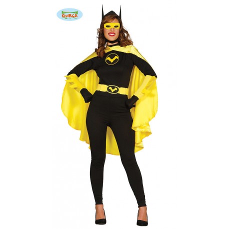 COSTUME CARNEVALE BATMAN DONNA ADULTA TAGLIA UN VESTITOSPANDEX TUTA/CAPUCCIO/MASCHERA/MANTELLO/CINTURA/ GUIRCA 84571