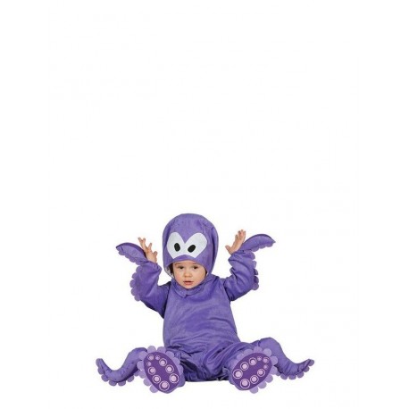 COSTUME CARNEVALE POLPO BABY 6/12 MESI VESTITO VIOLA COMPLETO DI TUTA CON ZIP E TENTACOLI/CAPUCCIO IMBOTTITO/SCARPETTE