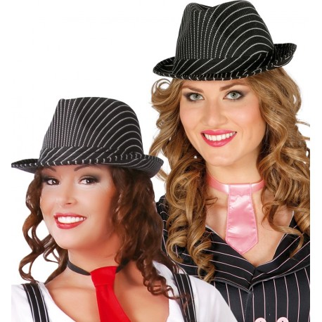 CAPPELLO GANGSTER NERO A STRISCIE BIANCHE PER TRAVESTIMENTI CARNEVALE E PARTY VARI.100%POLIESTERE GUIRCA COD.13367