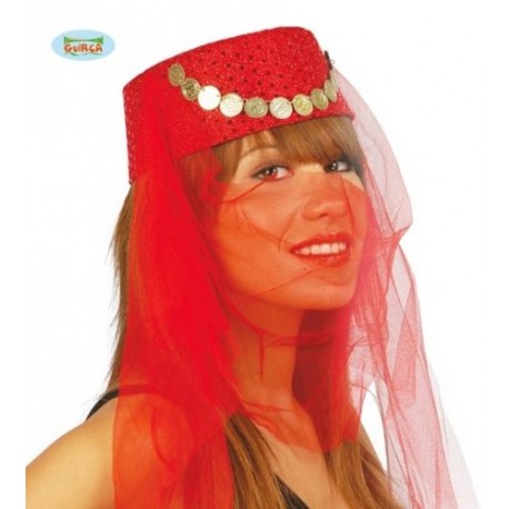 CAPPELLO DANZATRICE DEL VENTRE ZINGARA ROSSO CON VELO PAILLETT. PENDENTI ORO TRAVESTIMENTI DI CARNEVALE E PARTY VARI