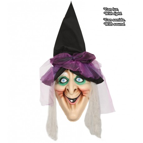 FACCIONE SAGOMATO STREGA PARLANTE 120CM CON LUCI FIOCCO CAPPELLO E CAPELLI ARTICOLI DECORATIVI PER FESTE DI HALLOWEEN