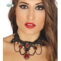 COLLANA IN METALLO NERO CON 3 RUBINI + RUBINO CENTRALE GRANDE ARTICOLO PER TRAVESTIMENTI DI HALLOWEEN CARNEVALE E PARTY