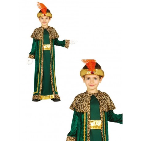 COSTUME RE MAGIO BAMBINO 10/12 ANNI VESTITO DI NATALE/CARNEVALE COMPLETO DI TUNICA VERDE ORO CON MANTELLO BORD.LEOPARDA