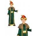 COSTUME RE MAGIO BAMBINO 10/12 ANNI VESTITO DI NATALE/CARNEVALE COMPLETO DI TUNICA VERDE ORO CON MANTELLO BORD.LEOPARDA