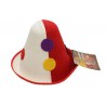 CAPPELLO CLOWN A CONO H 24CM-DIAM.INTERNO18CM-EST. 23CM BIANCO ROSSO DECORATO PER TRAVESTIMENTI DI CARNEVALE GIOCOLIERE