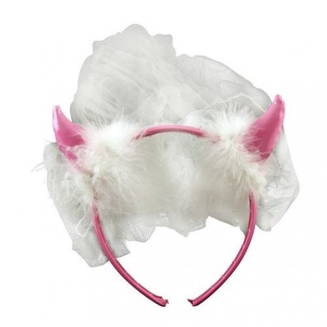 DIADEMA ROSA CON CORNA MORBIDE PELO E VELO BIANCO 55CM ARTICOLI PER TRAVESTIMENTI CARNEVALE HALLOWEEN E PARTY VARI