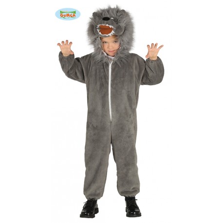 COSTUME CARNEVALE LUPO BAMBINI 3/4 ANNI VESTITO COMPLETO TUTA CON CAPUCCIO PER TRAVESTIMENTI ANIMALI SELVAGGI PREDATORI