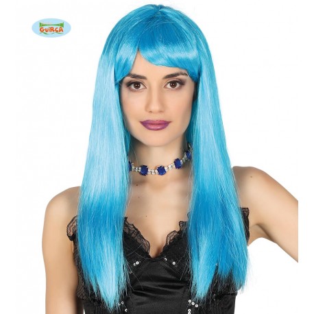 PARRUCCA POP AZZURRA NEON LUNGHA A CASCHETTO PER TRAVESTIMENTI DI CARNEVALE PARTY SCENE E SPETTACOLI A TEMA COD 4062