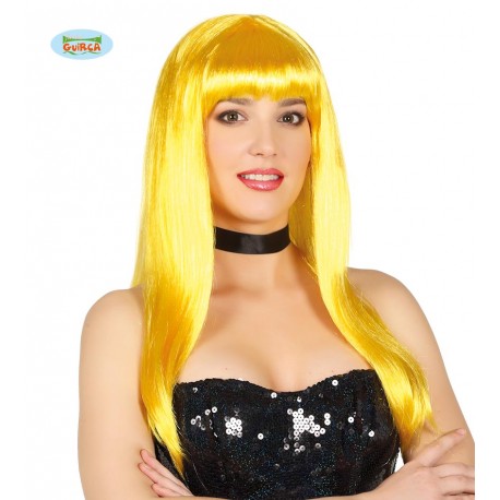 PARRUCCA POP GIALLO NEON ORO LUNGHA A CASCHETTO PER TRAVESTIMENTI DI CARNEVALE PARTY SCENE E SPETTACOLI A TEMA