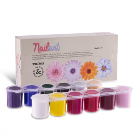 CONFEZIONE 12 CONTENITORI COLORI ACRILICI FINE PER MICROPITTURE SU UNGHIE DA 25ML.MAILART CMP PRIMO HOBBY PROFESSIONAL