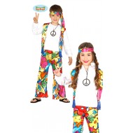 COSTUME CARNEVALE RAINBOW HIPPIE 3/4 ANNI VESTITO COMPLETO DI BANDANA/CAMICIA CON GILET/PANTALONI ANNI 60/70 NO ACCESSOR