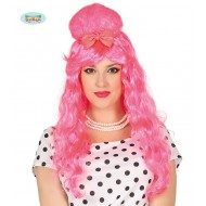 PARRUCCA FIFTIES CON FIOCCO A CASCHETTO ROSA FUCSIA PER TRAVESTIMENTI DI CARNEVALE SPETTACOLI E PARTY VARI NO ACCESSORI