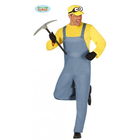 COSTUME CARNEVALE ADULTO MINATORE TAGL M 48/50 MINIONS VESTITO COMPLETO TUTA CON MAGLIA/CAPPELLO CCHIALINI NO ACCESSORI