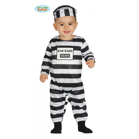 COSTUME CARNEVALE PRIGIONIERO BAD BABY 12/24 MESI VESTITO COMPLETO TUTA E CAPPELLO DA DETENUTO CARCERATO NO ACCESSORI