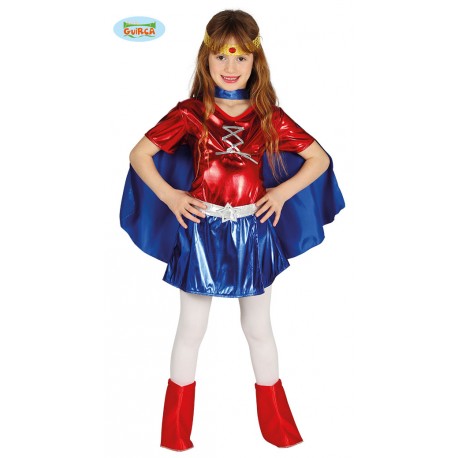 COSTUME CARNEVALE SUPERHEROINA X TRAVESTIMENTI A TEMA WONDER WOMAN BABY 7/9 ANNI VESTITO CINTURA FASCIA MANTELLO NO ACC