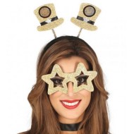 SET 2 PEZZI DIADEMA CON CAPPELLO SU ANTENNE+ OCCHIALI ORO CON GLITTER E APPLICAZIONI PER FESTE DI CARNEVALE E PARTY VARI