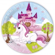 UNICORNO CASTELLO PIATTI IN CARTA 23CM.PZ.8 DECORAZIONI PER FESTE