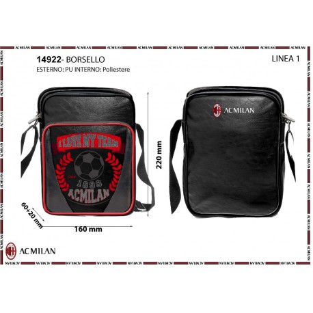 BORSELLO TRACOLLA AC MILAN 24X17X5CM NERA TASCA CON ZIP ESTERNA + 1 INTERNA CON STAMPA ROSSA PRODOTTO UFFICIALE 100%PL