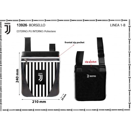 BORSELLO TRACOLLA FC JUVENTUS 25X22X1CM NERA A STRISCIE BIANCONERE TASCA CON ZIP ESTERNA +1 INTERNA PRODOTTO UFFIC.100%P