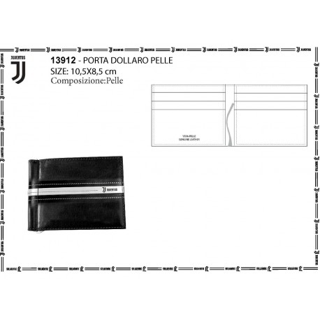 PORTAFOGLIO VERA PELLE FC JUVENTUS CON FERMASOLDI PORTACARTE CREDITO PORTADOLL.10,5X8,5 NERO STRISCIA BIANCA NUOVO LOGO