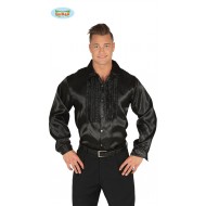 CAMICIA DISCO NERA IN RASO TG M ADULTO PER TRAVESTIMENTI DI CARNEVALE SERATE DI SPETTACOLI PARTY VARI ANNI 80 DISCOTECA