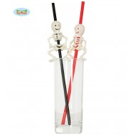 DRINKING STRAWS BLISTER 4 CANNUCCE 28CM ROSSE E NERE CON SCHELETRO ARTICOLI PER ADDOBBI HALLOWEEN E PARTY A TEMA HORROR