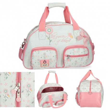 BORSA DA VIAGGIO OWLS ENSÒ OIRIGINAL CON TRACOLLA E 3 TASCHE ESTERNE CON ZIP IN SIMILPELLE ROSA E PANNA 45X28X23 100%PU