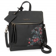 BORSA MINI ZAINO CASUAL LALA PEPE JEANS LONDON 22X24X16CM NERO FIORELLINI 1 ZIP TASCA CON ZIP ESTERNA + 1 INTERNA.100%PU