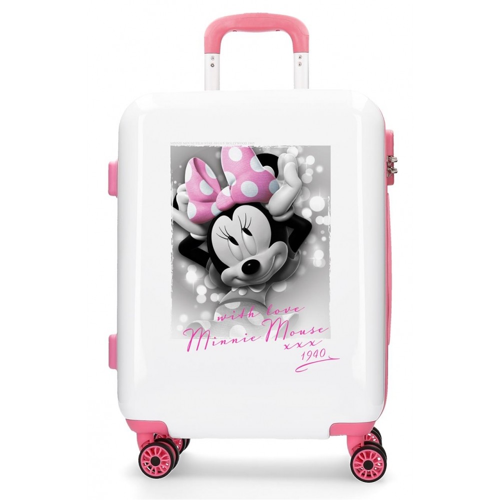 TROLLEY DA VIAGGIO ABS 4 RUOTE MINNIE MOUSE DISNEY TOPOLINA VALIGIA BIANCA  E ROSA BAG.A MANO 55X38X20CM CHIUS.A COMBINAZ - Parole e Pensieri
