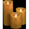 SET 3 CANDELE ORO LED 10/12/18X7,5CM RICOPERTA IN CERA CON TELECOMANDO FIAMMA OSCILLANTE DURA 150 ORE TIMER 30 GIORNI