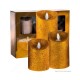 SET 3 CANDELE ORO LED 10/12/18X7,5CM RICOPERTA IN CERA CON TELECOMANDO FIAMMA OSCILLANTE DURA 150 ORE TIMER 30 GIORNI