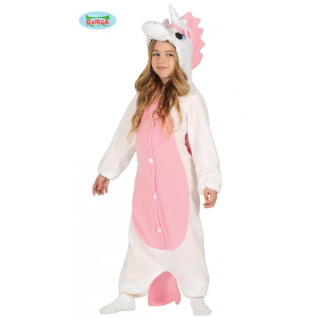 COSTUME CARNEVALE UNICORNO 5/6 ANNI VESTITO BIANCOROSA COMPLETO MONOTUTA CON CAPUCCIO/ALI/CODA NO ACCESSORI 100%POL.