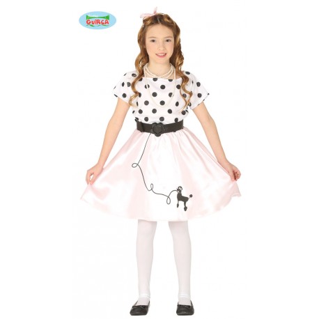 COSTUME CARNEVALE PIN UP 5/6 ANNI VESTITO ANNI 50/60 COMPLETO DI FIOCCO E CINTURA A TEMA SANDY FILM GREASE NO ACCESSORI