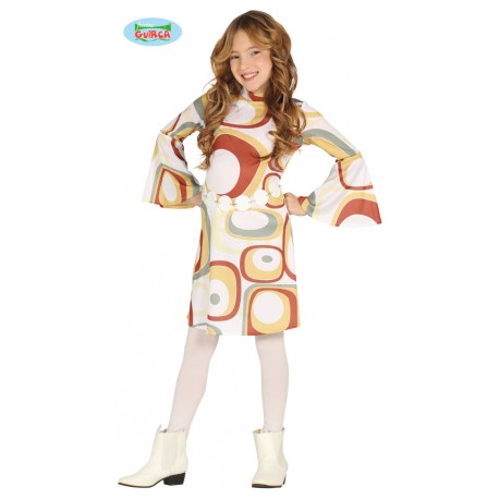 COSTUME CARNEVALE HIPPIE ANNI 70 VESTITO FIGLI DEI FIORI 7/9 ANNI BIMBA ABITO DISCOTECA RETRÒ NO ACCESSORI C.88471GUIRCA