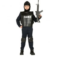 COSTUME CARNEVALE SWAT 10/12 ANNI VESTITO NERO COMPL.TUTA/PASSAMONT/GILET/C.GINOCCHIA X TRAVESTIMENTI POLIZIA NO ACCE