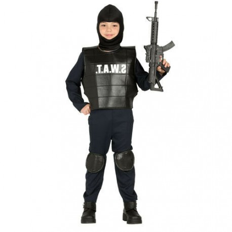 COSTUME CARNEVALE S.W.A.T.10/12 ANNI VESTITO NERO COMPL.TUTA/PASSAMONT/GILET/C.GINOCCHIA X TRAVESTIMENTI POLIZIA NO ACCE