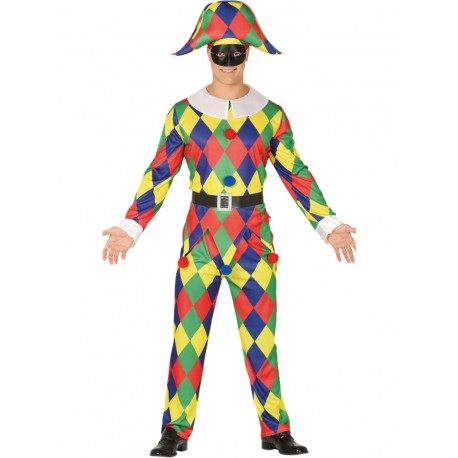 COSTUME CARNEVALE ARLECCHINO UOMO TG.L52/54 VESTITO COMPLETO CAPPELLO/CAMICIA/CINTURA/PANTALONI 100%POLIES.NO ACCESSORI