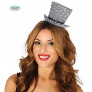 MINI CILINDRO CAPPELLO ARGENTO BRILLANTINI CON ELASTICO PER FESTE TRAVESTIMENTI DI CARNEVALE PARTY E SCENE VARIE