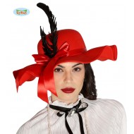 CAPPELLO ROSSO DAMA NOBILDONNA ELEGANTE CON PIUME E FIOCCO PER TRAVESTIMENTI DI CARNEVALE SCENE A TEMA EPOCA XIX SECOLO