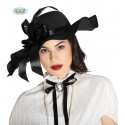 CAPPELLO NERO DAMA NOBILDONNA ELEGANTE CON PIUME E FIOCCO PER TRAVESTIMENTI DI CARNEVALE SCENE E PARTY A TEMA EPOCA